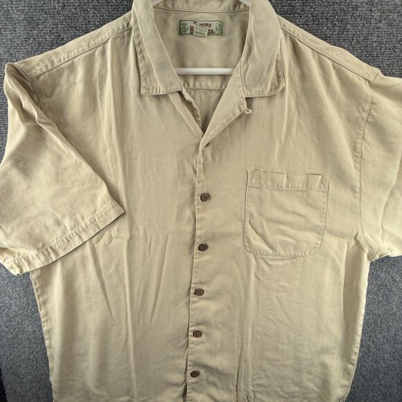Tommy Bahama Herringbone XL All Silk Camp Short Sleeve Loop Beige Shirt Vacation - Picture 2 of 16